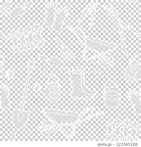 黒バックに白い線で描いたガーデニング用品のシームレスパターン 黒バックに白い線で描いたガーデニング用品のシームレスパターン 122565188