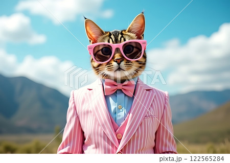 Stylish Tabby Cat in Pink Suit 122565284