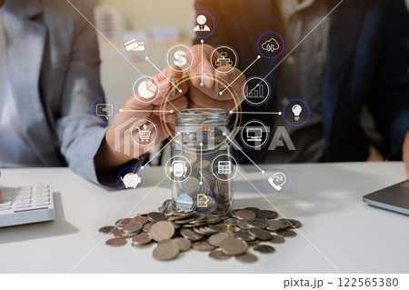 Business man thinking concept saving money and finance accounting. 122565380