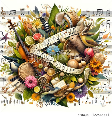 Collage style graphics with elements from nature arranged into musical compositions. 122565441