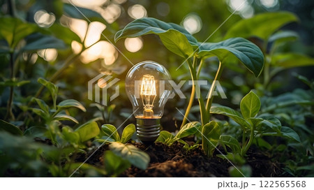 Illuminated Lightbulb Amidst Lush Greenery 122565568