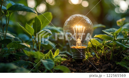 Illuminated Lightbulb Amidst Lush Greenery 122565569