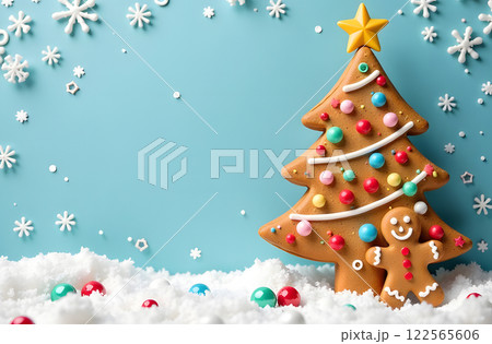 A festive gingerbread Christmas tree adorned with colorful icing, placed against a snowy design. A festive gingerbread Christmas tree adorned with colorful icing, placed against a snowy design. 122565606