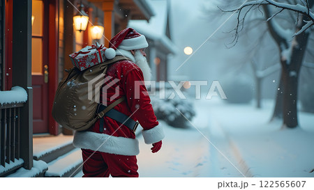 Santa Claus, dressed in a vibrant red suit with white fur trim, walks up the steps of a snow-covered house Santa Claus, dressed in a vibrant red suit with white fur trim, walks up the steps of a snow-covered house 122565607