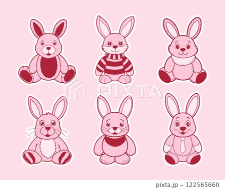Set of cute plush bunnies in different poses. Collection of pink plush toys. Illustration 122565660