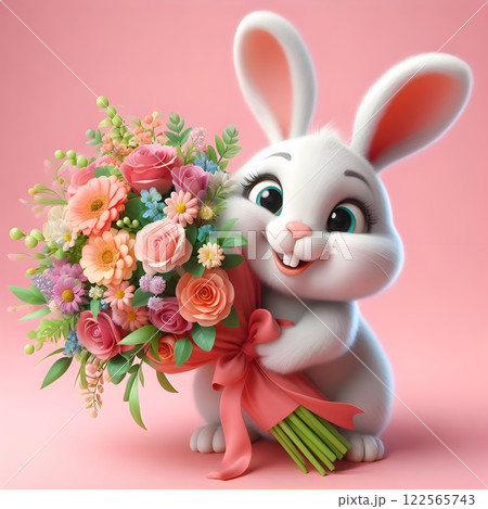 Cheerful cartoon rabbit with a large bouquet of flowers. 122565743