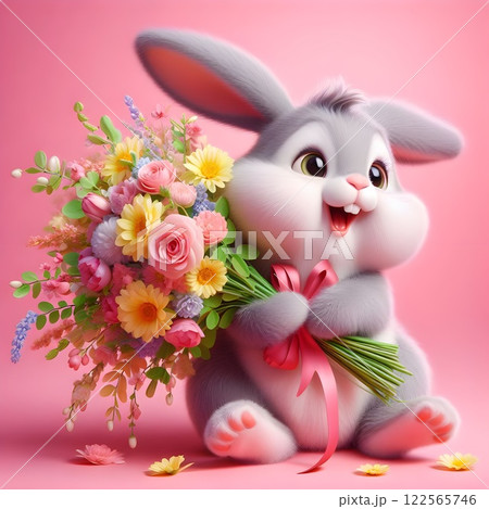 Cheerful cartoon rabbit with a large bouquet of flowers. Cheerful cartoon rabbit with a large bouquet of flowers. 122565746