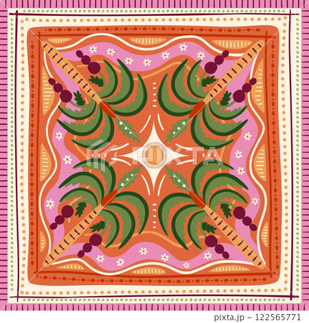 Tropical tile, scarf, square seamless pattern with palm trees, geometric ornament. Vector summer vacation print Tropical tile, scarf, square seamless pattern with palm trees, geometric ornament. Vector summer vacation print 122565771