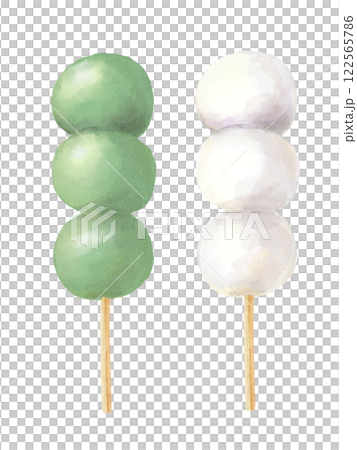 Watercolor illustration of cute skewered dumplings seen from directly above (kusamochi, white) 122565786
