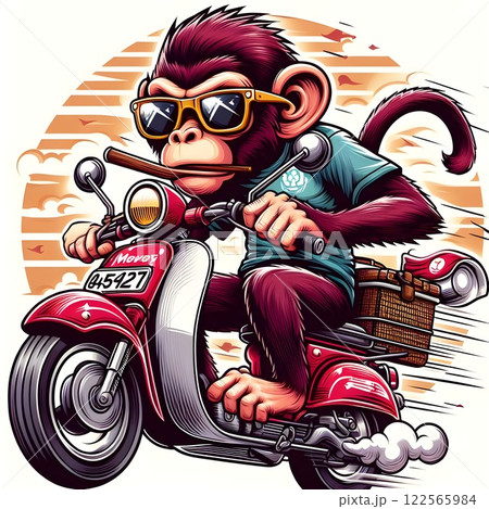Cartoon monkey riding a motorcycle with sunglasses. 122565984