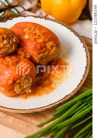 Stuffed Peppers with Meat and Rice in Tomato Sauce Stuffed Peppers with Meat and Rice in Tomato Sauce 122566149