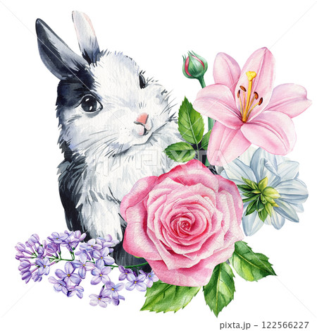 Watercolor bunny isolated. Rabbit, flowers for spring print, invitation, card, poster. Cute baby animal kid sweet dream  122566227