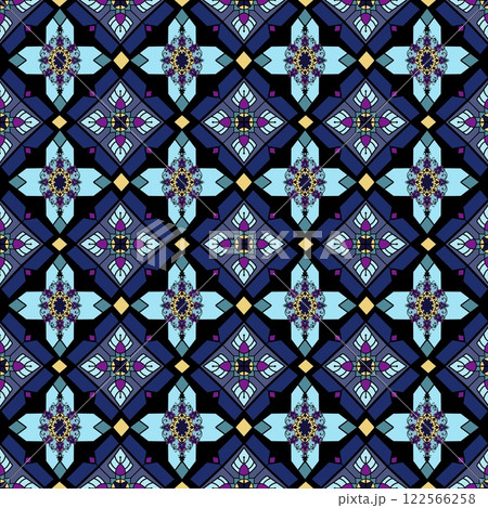 Arabian ethnic tribal fabric pattern features intricate floral designs in stunning blue and navy blue tones. The contrast ethnic the dark background enhances its elegance and uniqueness, ethnic Arabian ethnic tribal fabric pattern features intricate floral designs in stunning blue and navy blue tones. The contrast ethnic the dark background enhances its elegance and uniqueness, ethnic 122566258