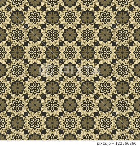 Arabian ethnic tribal fabric pattern features intricate floral designs in warm yellow tones, radiating classic beauty. The harmonious blend of traditional patterns and modern aesthetics ethnic to  122566260