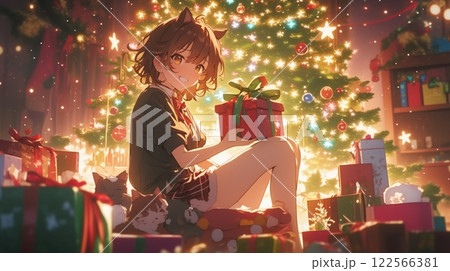 クリスマスの魔法に包まれた猫耳少女とプレゼントの輝き 122566381