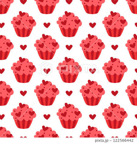 Seamless pattern with Red Valentine Day Cupcake with hearts. Vector flat illustration. Seamless pattern with Red Valentine Day Cupcake with hearts. Vector flat illustration. 122566442