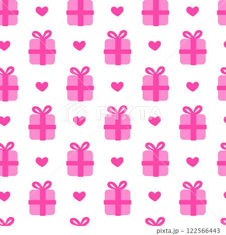 Seamless Pattern with Pink Valentine Day Gift box and hearts. Vector flat illustration. Seamless Pattern with Pink Valentine Day Gift box and hearts. Vector flat illustration. 122566443