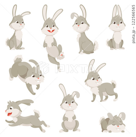 Cartoon rabbits collection. Bunny pets silhouette in different poses. Set of cute animal isolated icons. Vector rabbits character illustration 122566565