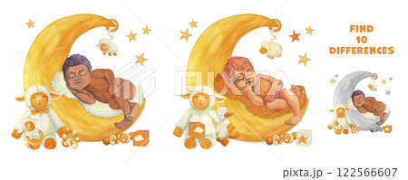 Find the differences puzzle game. Babies sleeping on the moon. Watercolor composition of sweet naked infant and soft toys. Hand drawn Educational game for kids. Attention task for school readiness Find the differences puzzle game. Babies sleeping on the moon. Watercolor composition of sweet naked infant and soft toys. Hand drawn Educational game for kids. Attention task for school readiness 122566607