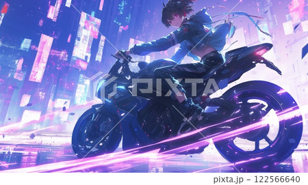 サイバーパンク都市を駆けるバイク少女 122566640