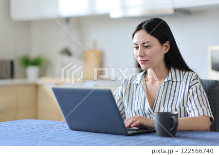 Serious asian woman using laptop in the kitchen Serious asian woman using laptop in the kitchen 122566740