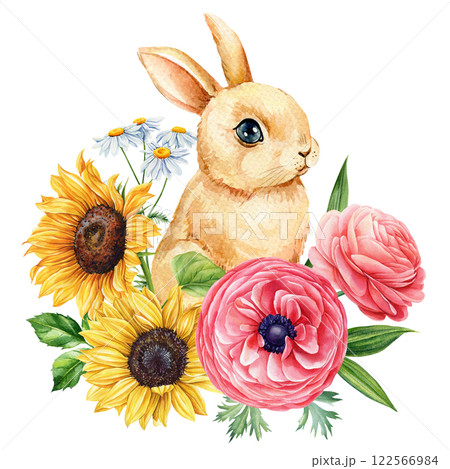botanical watercolor rabbit, daisies, sunflower flowers. Hand-drawn hare, elegant nature, vintage wildlife illustration botanical watercolor rabbit, daisies, sunflower flowers. Hand-drawn hare, elegant nature, vintage wildlife illustration 122566984