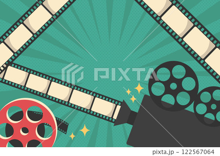 Cinema movie background in retro style decorated with rays and polka dot pattern. Movie camera, film reel and film strips. Vector movie film premiere template Cinema movie background in retro style decorated with rays and polka dot pattern. Movie camera, film reel and film strips. Vector movie film premiere template 122567064