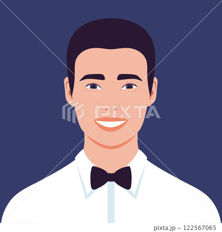 Portrait of a happy smiling young man in a shirt with bow tie. Avatar for social media. Vector illustration Portrait of a happy smiling young man in a shirt with bow tie. Avatar for social media. Vector illustration 122567065