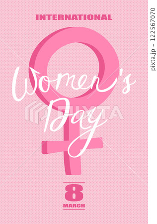 International Womens Day poster with handwritten calligraphy and female gender symbol. Vector illustration 122567070