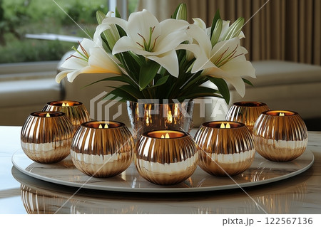 Shiny rose-gold spherical candle holders on a reflective tray, paired with blooming lilies and soft light 122567136