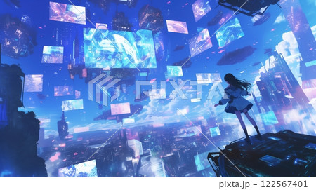 ハイテク都市の空中に浮かぶ未来的なデジタル空間 122567401