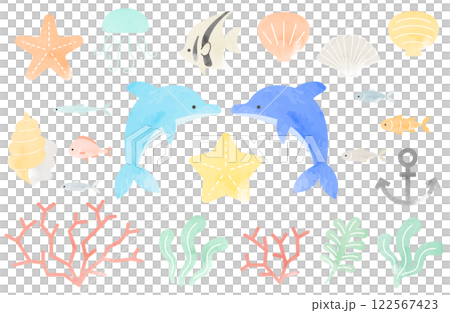 Watercolor sea creatures vector illustration: dolphin, starfish, snail, jellyfish, coral, seaweed, tropical fish, anchor, aquarium Watercolor sea creatures vector illustration: dolphin, starfish, snail, jellyfish, coral, seaweed, tropical fish, anchor, aquarium 122567423