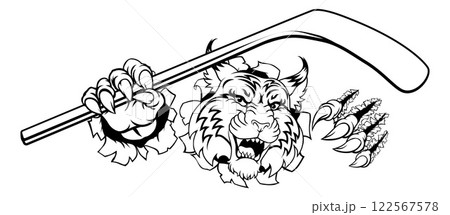 Wildcat Bobcat Ice Hockey Team Cartoon Mascot 122567578