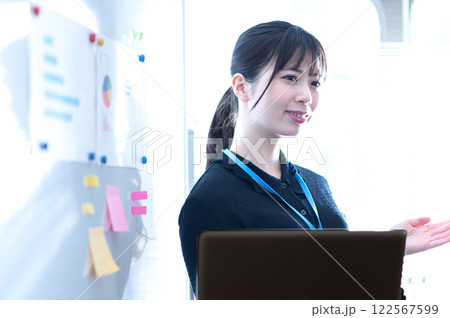 ホワイトボードを使ってプレゼンテーションする若いビジネスウーマン 122567599