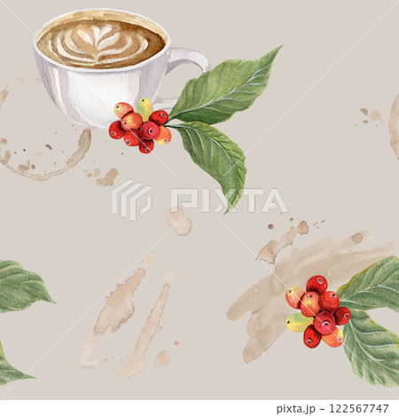 Watercolor seamless pattern with coffee cup, coffee bean branches and coffee stains on beidge background Watercolor seamless pattern with coffee cup, coffee bean branches and coffee stains on beidge background 122567747