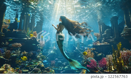 青く輝く海の中を優雅に泳ぐ幻想的な人魚姫 122567763
