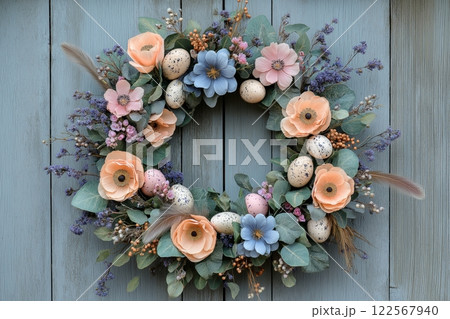 A delicate wreath with eucalyptus leaves, peach and blue flowers, speckled eggs, and lavender accents 122567940