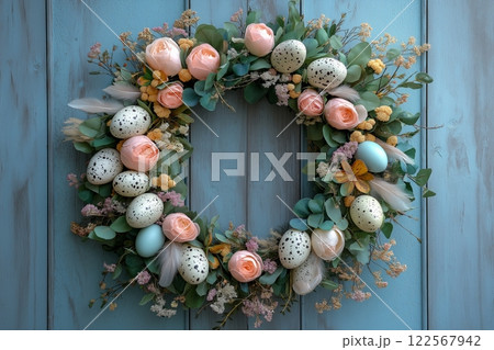 A rustic Easter wreath decorated with peach roses, speckled eggs, and soft pastel accents 122567942