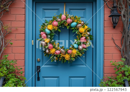 A cheerful wreath with pink tulips, yellow roses, colorful eggs, and lush greenery on a blue door 122567943