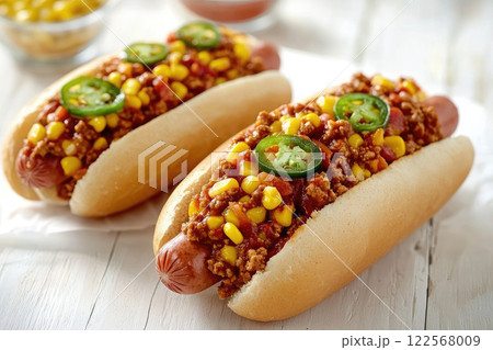 Mexican hot dog with jalapeno,sauce and corn on white wooden table 122568009