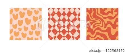 Groovy background set. Lines, waves, trippy grid, swirl print 1970s Hippie aesthetic. Twisted background. Retro psychedelic style 122568152