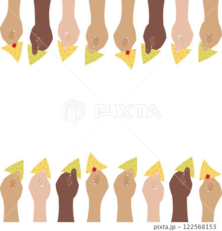 Womens and Mens Hands various nationalities hold spinach or corn nachos Top and Bottom Frame border 122568153