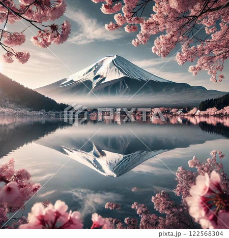 湖に映る富士山と桜の美しい風景 122568304