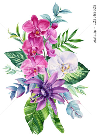 Vibrant Pink, White Orchids, Passionflower, Eucalyptus Leaves. Tropical watercolor floral botanical illustration design 122568628