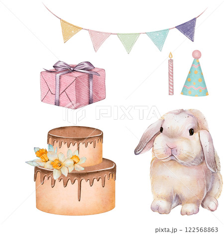 set of Watercolor Birthday Bunny with Cake and Gifts set of Watercolor Birthday Bunny with Cake and Gifts 122568863