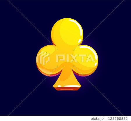 Golden club suit symbol or icon for poker card games playing with a vibrant glow. Cartoon vector gold asset for gambling, mobile applications, casino themes. Luxurious golden club sign with shiny glow 122568882
