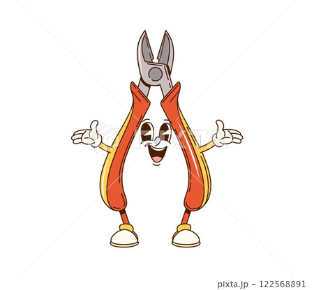 Cartoon groovy wire cutters character for DIY or repair tool, vector comic personage. Groovy wire cutters or pliers tool cartoon character with funny face and happy smile, construction and DIY tool 122568891