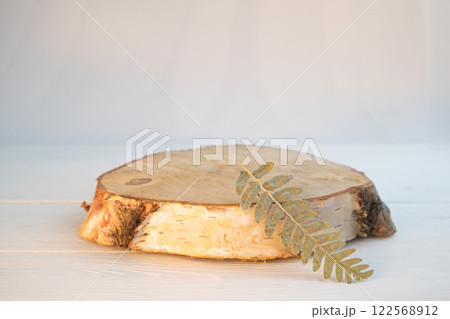 A pedestal made of birch sawn wood for advertising a product with twigs and leaves. Minimalistic creative composite background for the presentation of cosmetics or products. Front view 122568912