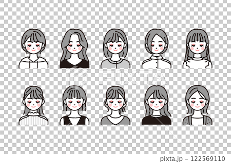 Upper body icon set of a young woman with her eyes closed_black and white Upper body icon set of a young woman with her eyes closed_black and white 122569110