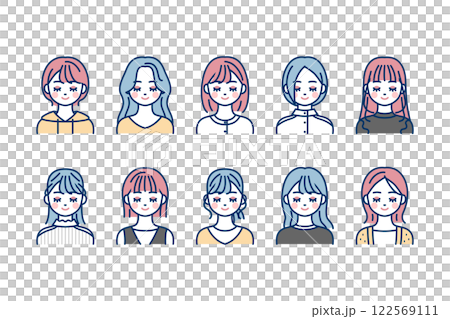 Upper body icon set of a young woman with her eyes closed_color Upper body icon set of a young woman with her eyes closed_color 122569111